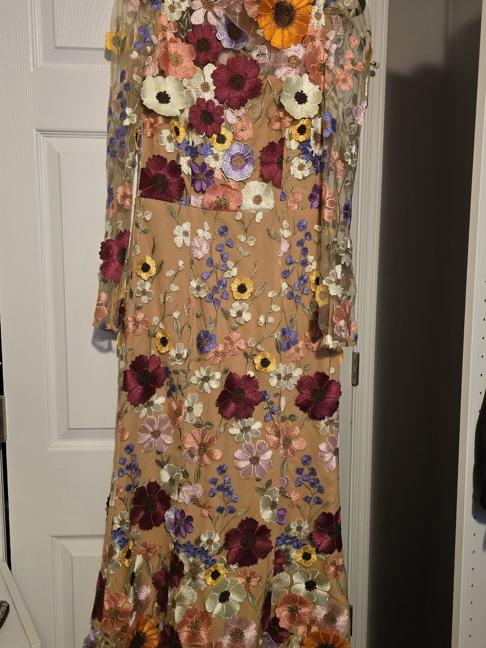 Elliatt Nude Mesh Maxi Dress with Multicolor Floral Embroidery